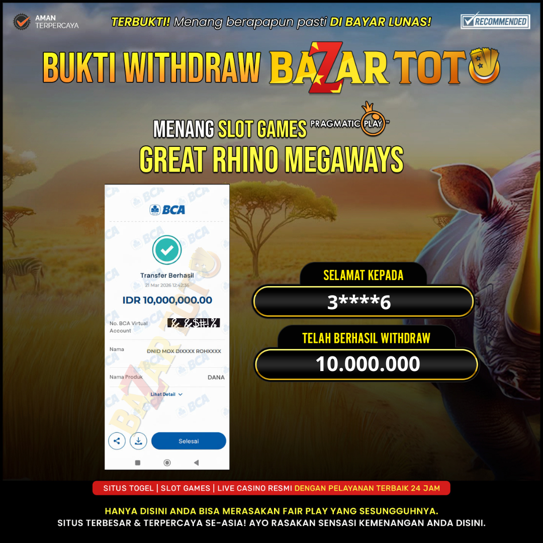 BAZARTOTO - JACKPOT SLOT GREAT RHINO MEGAWAYS Rp.10.000.000.,- LUNAS