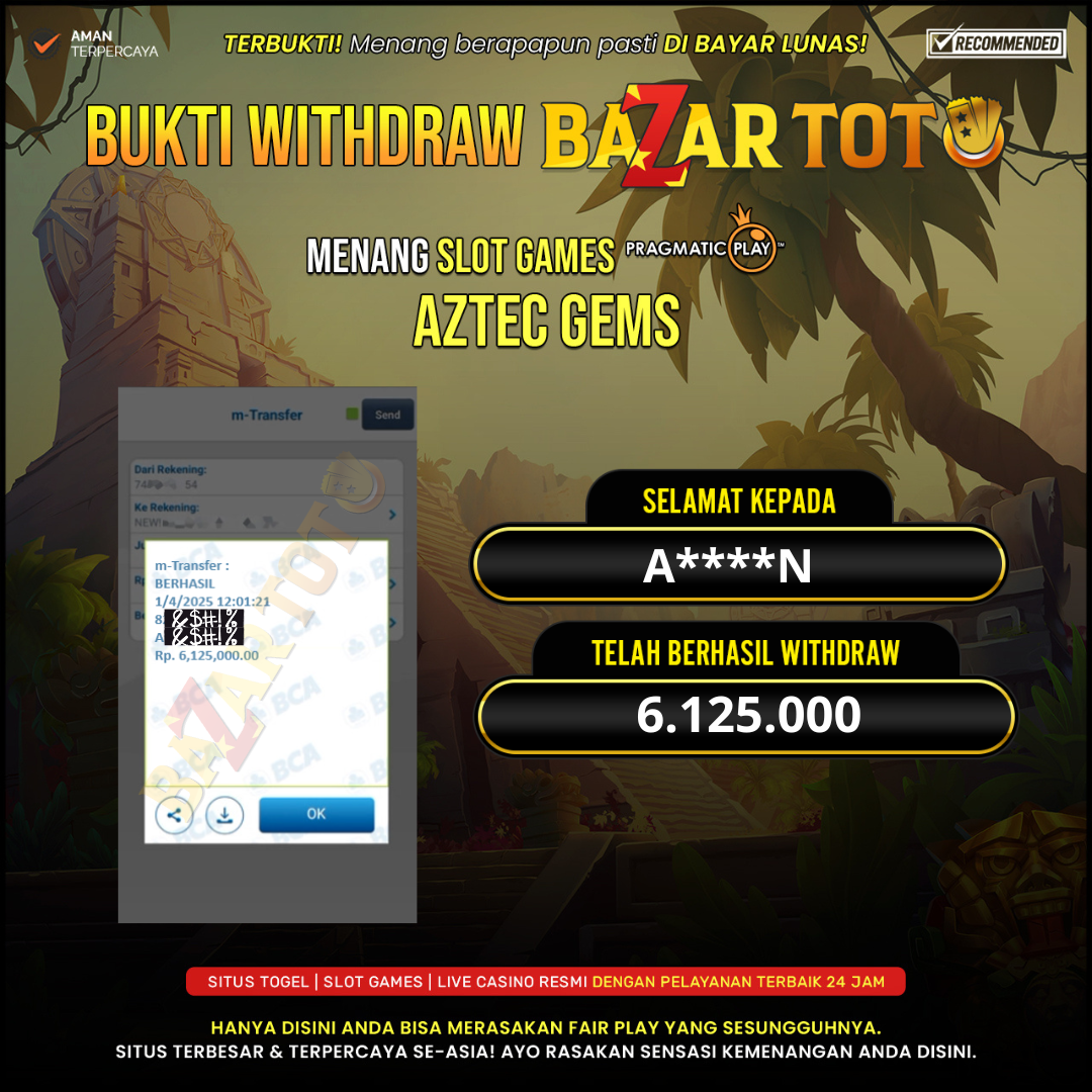 BAZARTOTO - JACKPOT SLOT AZTEC GEMS Rp.6.125.000.,- LUNAS
