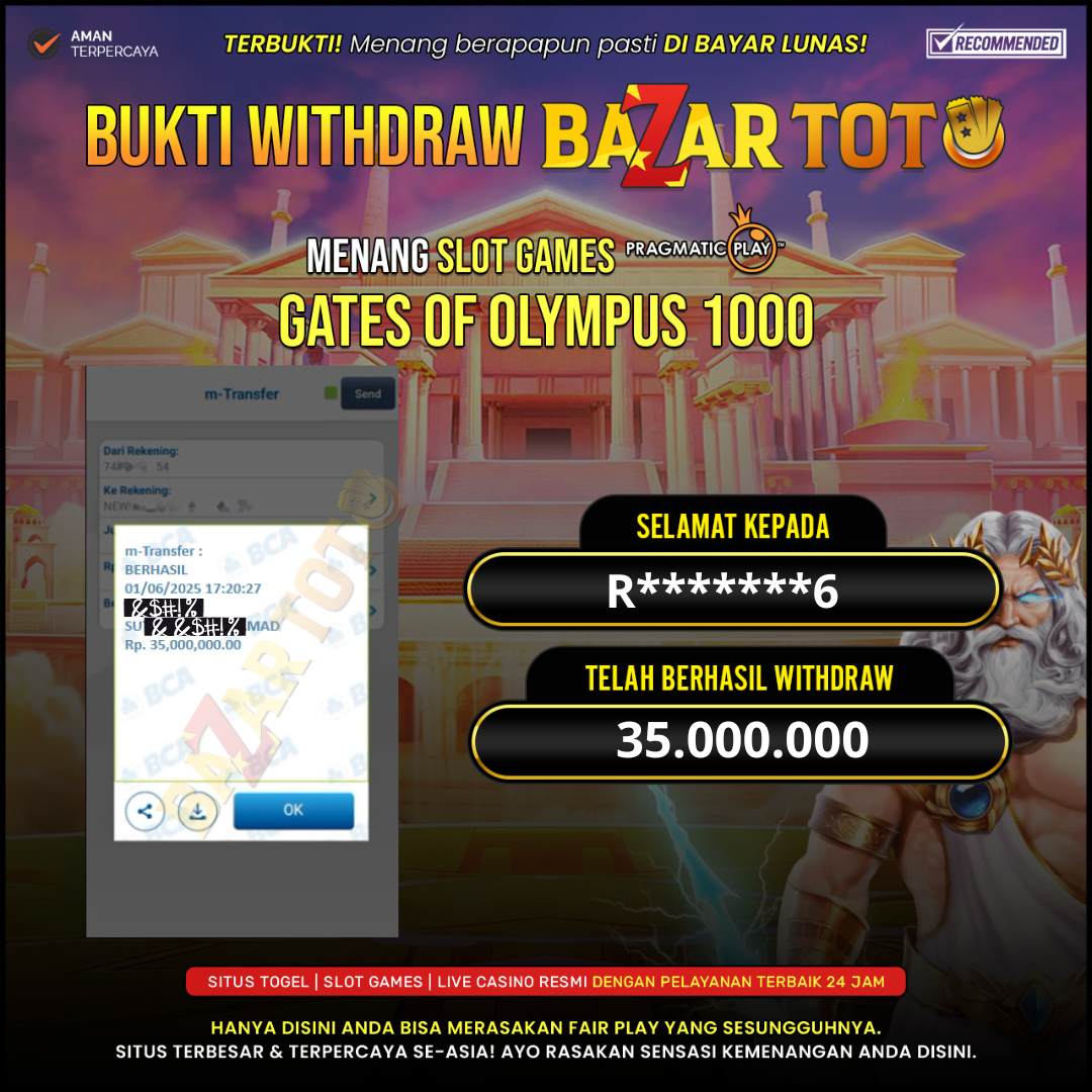 BAZARTOTO - JACKPOT SLOT GATES OF OLYMPUS 1000 Rp.35.000.000.,- LUNAS