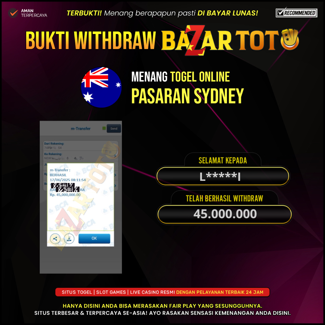 BAZARTOTO - JACKPOT TOGEL PASARAN SYDNEY Rp.45.000.000.,- LUNAS