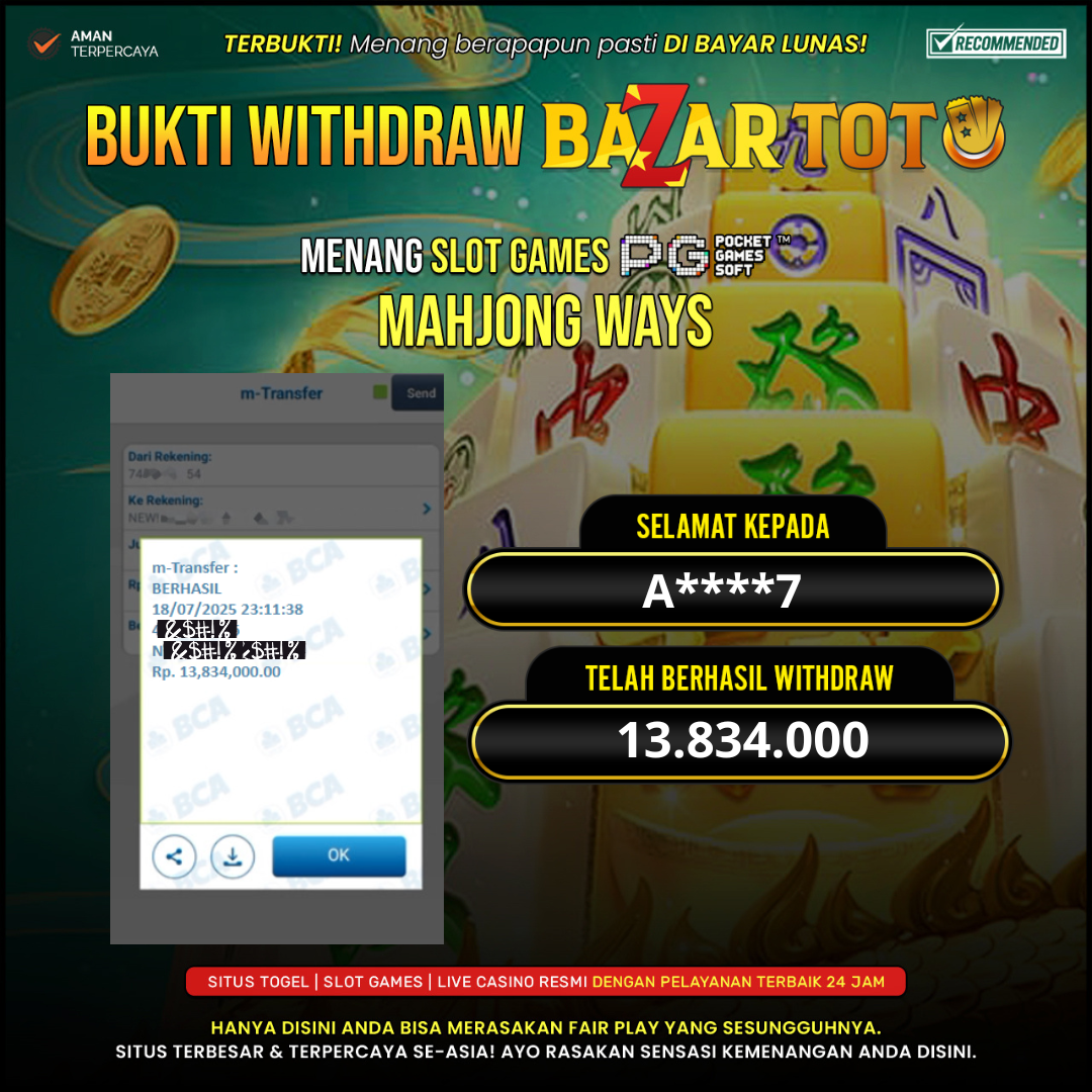 BAZARTOTO - JACKPOT SLOT MAHJONG WAYS Rp.13.834.000.,- LUNAS
