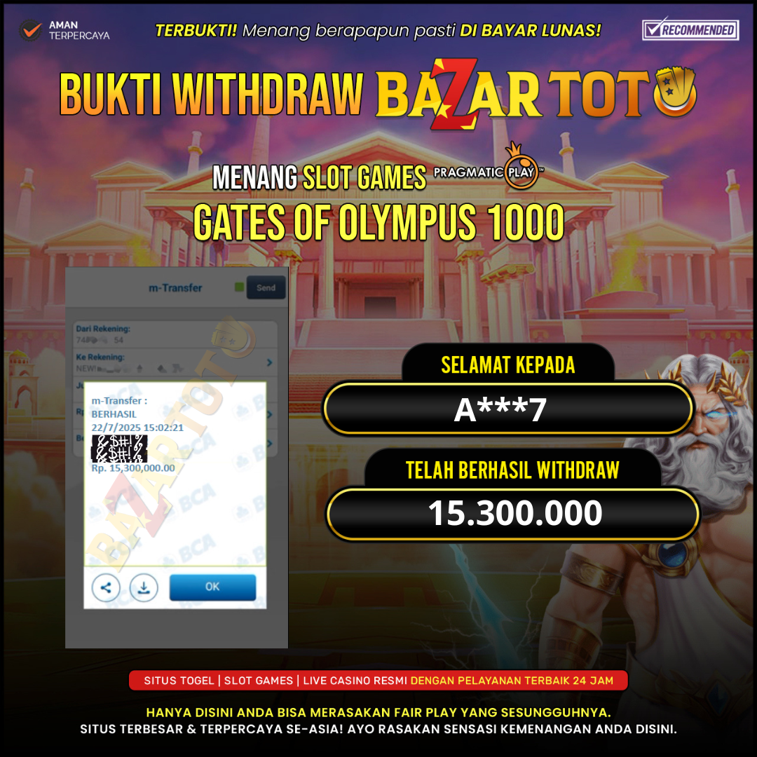 BAZARTOTO - JACKPOT SLOT GATES OF OLYMPUS 1000 Rp.15.300.000.,- LUNAS