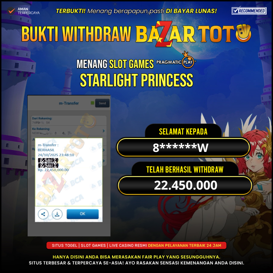 BAZARTOTO - JACKPOT SLOT STARLIGHT PRINCESS Rp.22.450.000.,- LUNAS