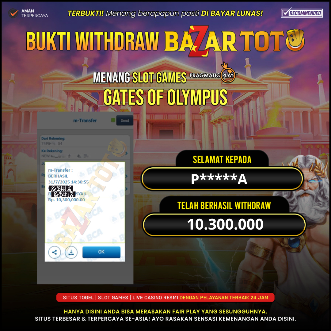 BAZARTOTO - JACKPOT SLOT GATES OF OLYMPUS Rp.10.300.000.,- LUNAS