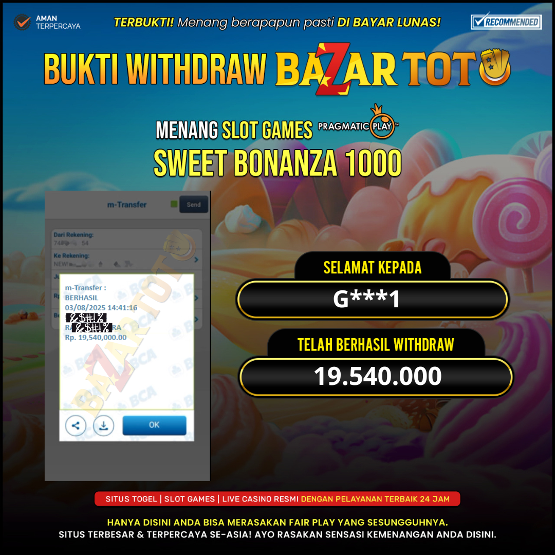 BAZARTOTO - JACKPOT SLOT SWEET BONANZA Rp.19.540.000.,- LUNAS