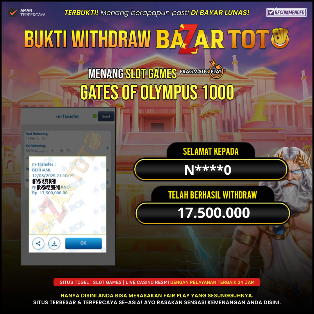 BAZARTOTO - JACKPOT SLOT GATES OF OLYMPUS 1000 Rp.17.500.000.,- LUNAS