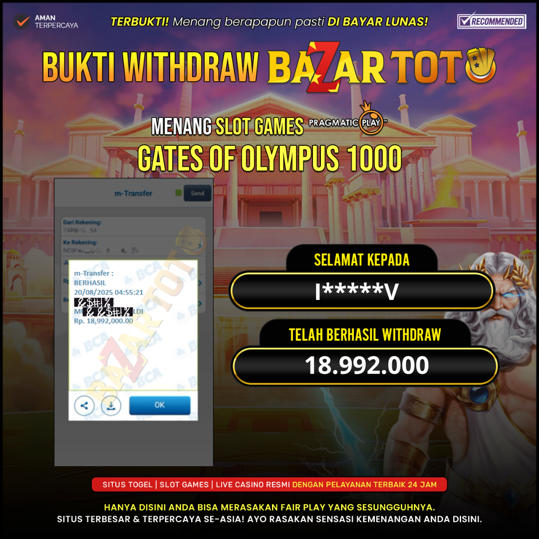 BAZARTOTO - JACKPOT SLOT GATES OF OLYMPUS 1000 Rp.18.992.000.,- LUNAS