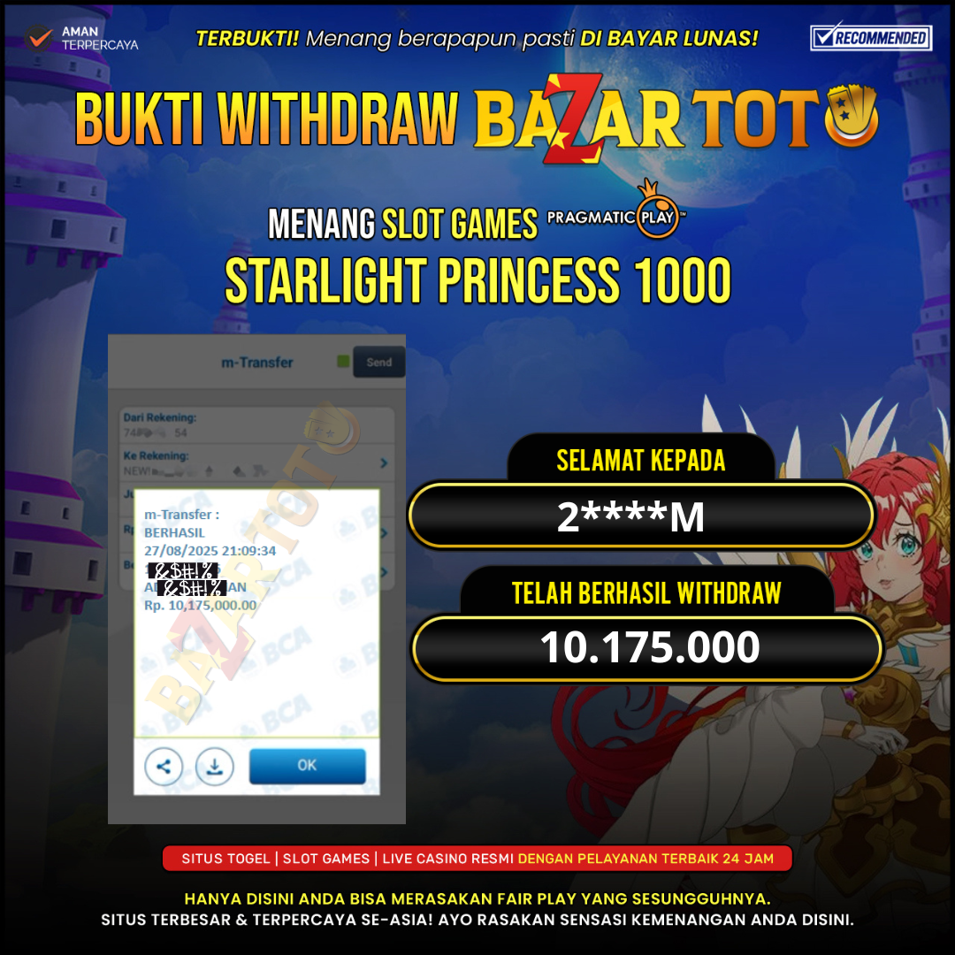 BAZARTOTO - JACKPOT SLOT STARLIGHT PRINCESS 1000 Rp.10.175.000.,- LUNAS