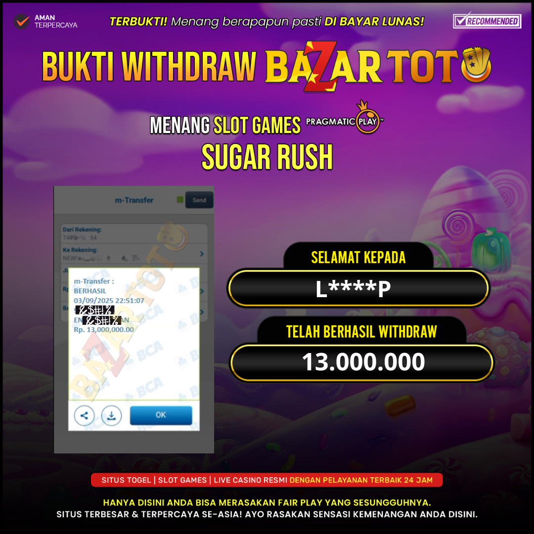 BAZARTOTO - JACKPOT SLOT SUGAR RUSH Rp.13.000.000.,- LUNAS