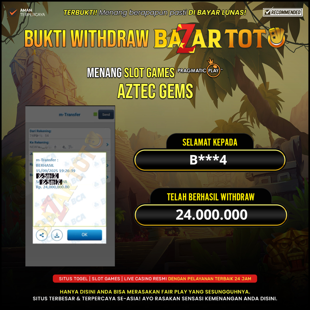 BAZARTOTO - JACKPOT SLOT AZTEC GEMS Rp.24.000.000.,- LUNAS