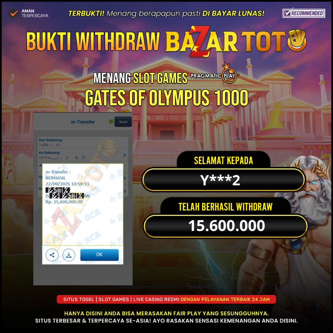 BAZARTOTO - JACKPOT SLOT GATES OF OLYMPUS 1000 Rp.15.600.000.,- LUNAS