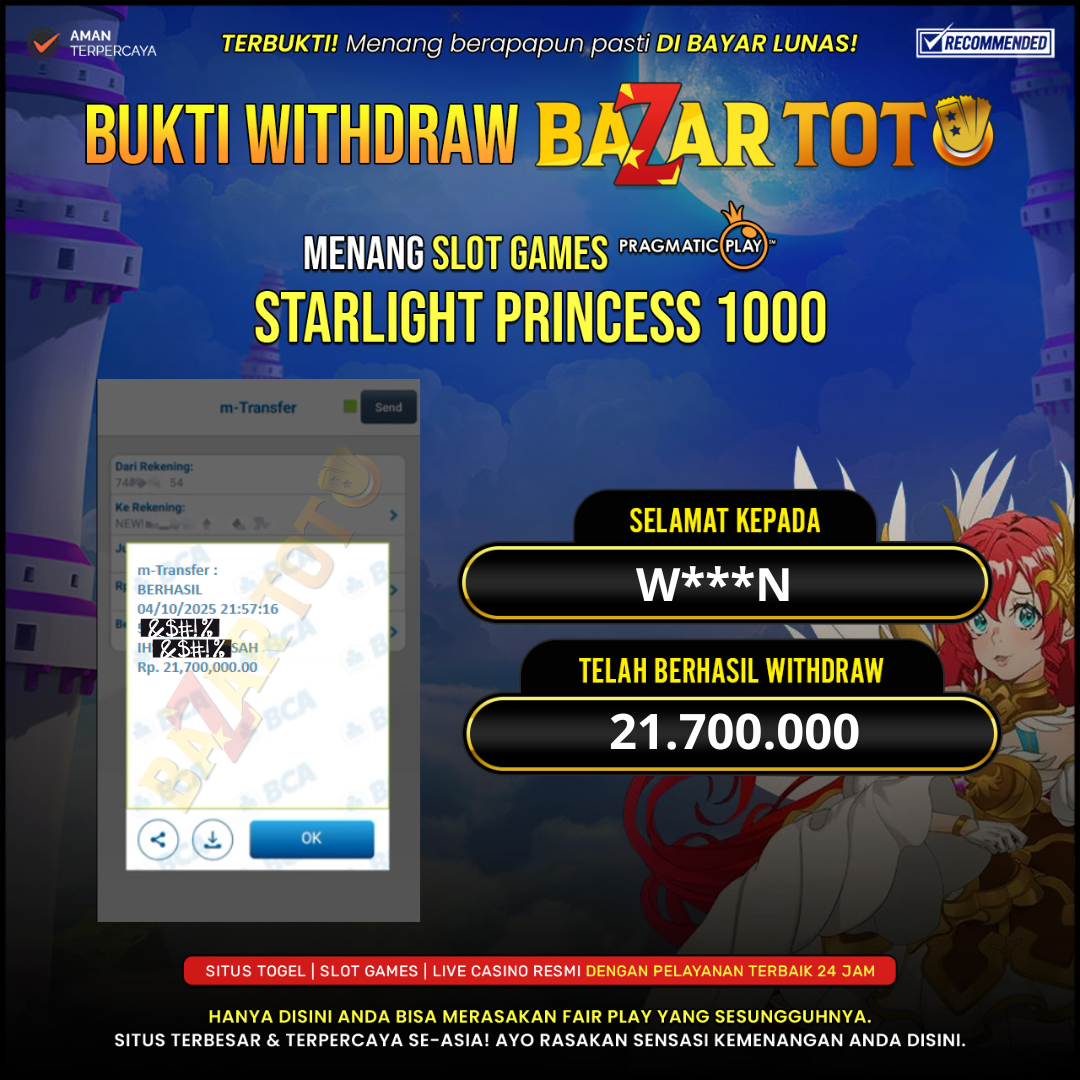 BAZARTOTO - JACKPOT SLOT STARLIGHT PRINCESS 1000 Rp.21.700.000.,- LUNAS