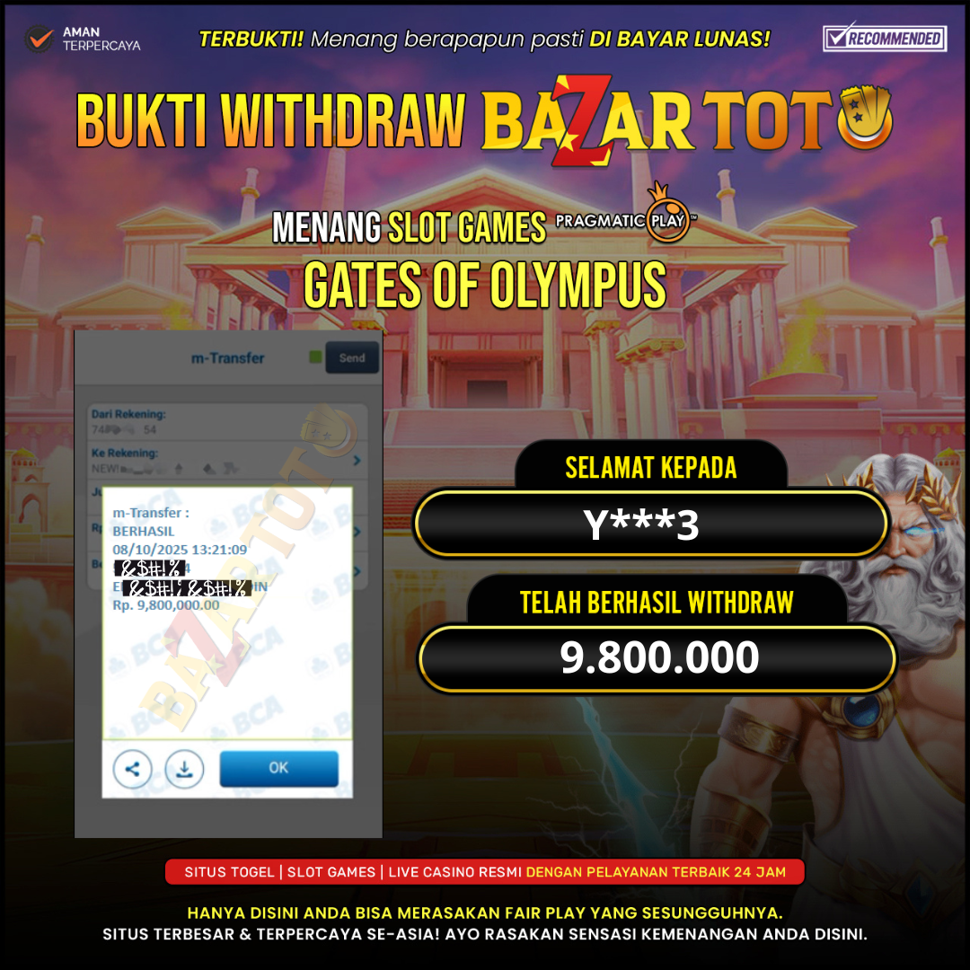 BAZARTOTO - JACKPOT SLOT GATES OF OLYMPUS Rp.9.800.000.,- LUNAS