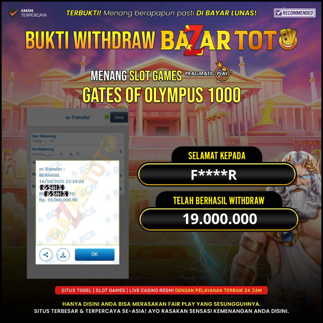 BAZARTOTO - JACKPOT SLOT GATES OF OLYMPUS 1000 Rp.19.000.000.,- LUNAS