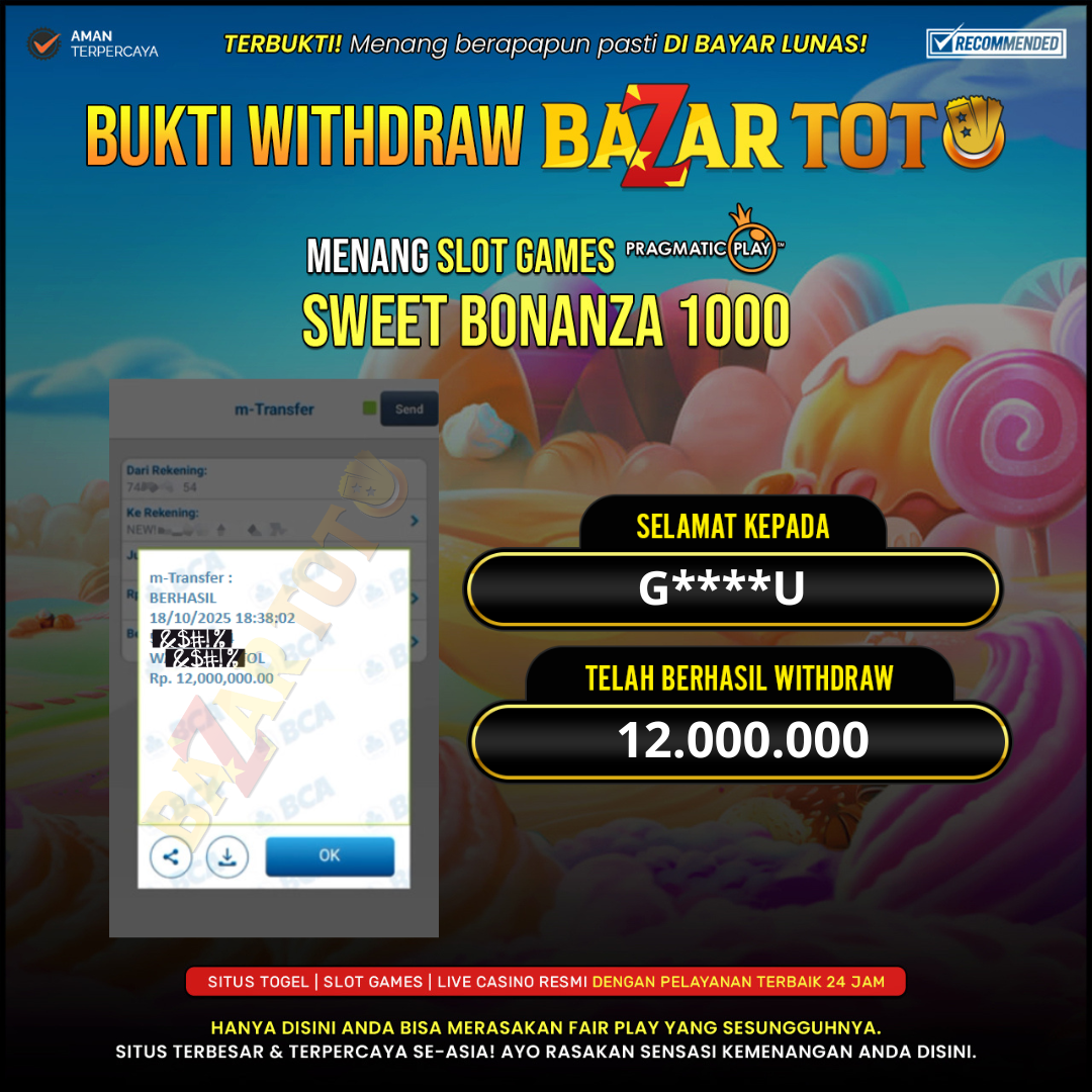 BAZARTOTO - JACKPOT SLOT SWEET BONANZA 1000 Rp.12.000.000.,- LUNAS