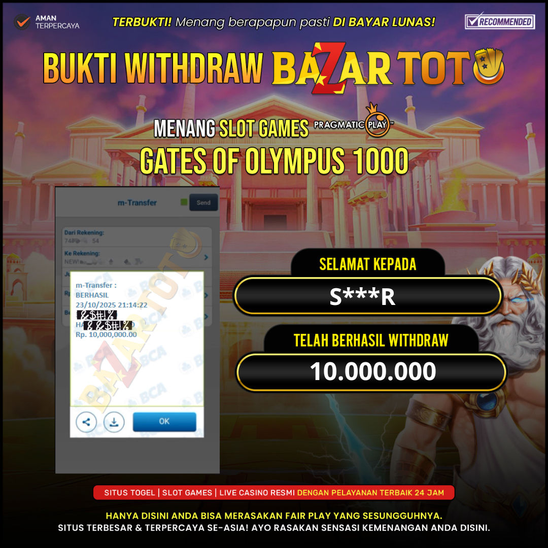BAZARTOTO - JACKPOT SLOT GATES OF OLYMPUS Rp.10.000.000.,- LUNAS