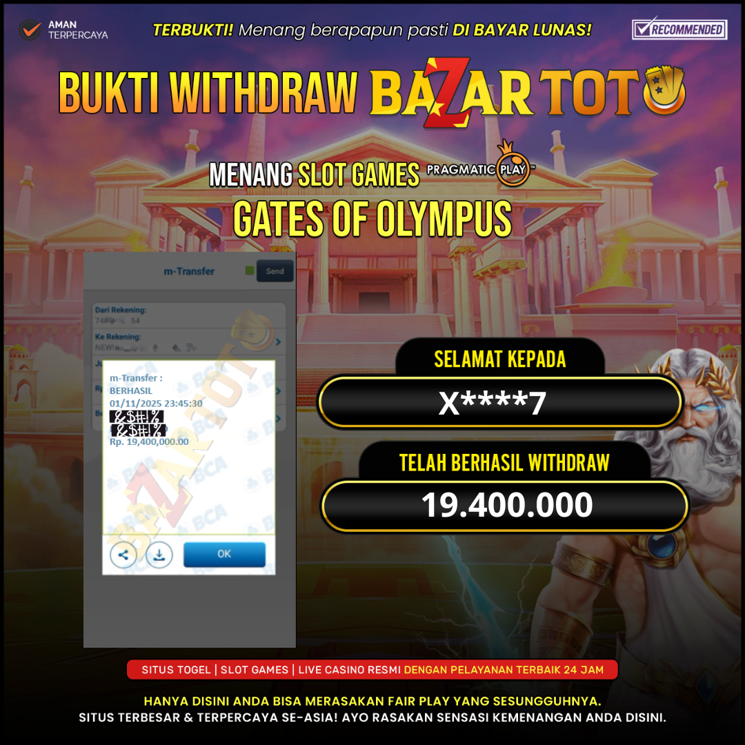 BAZARTOTO - JACKPOT SLOT GATES OF OLYMPUS Rp.19.400.000.,- LUNAS