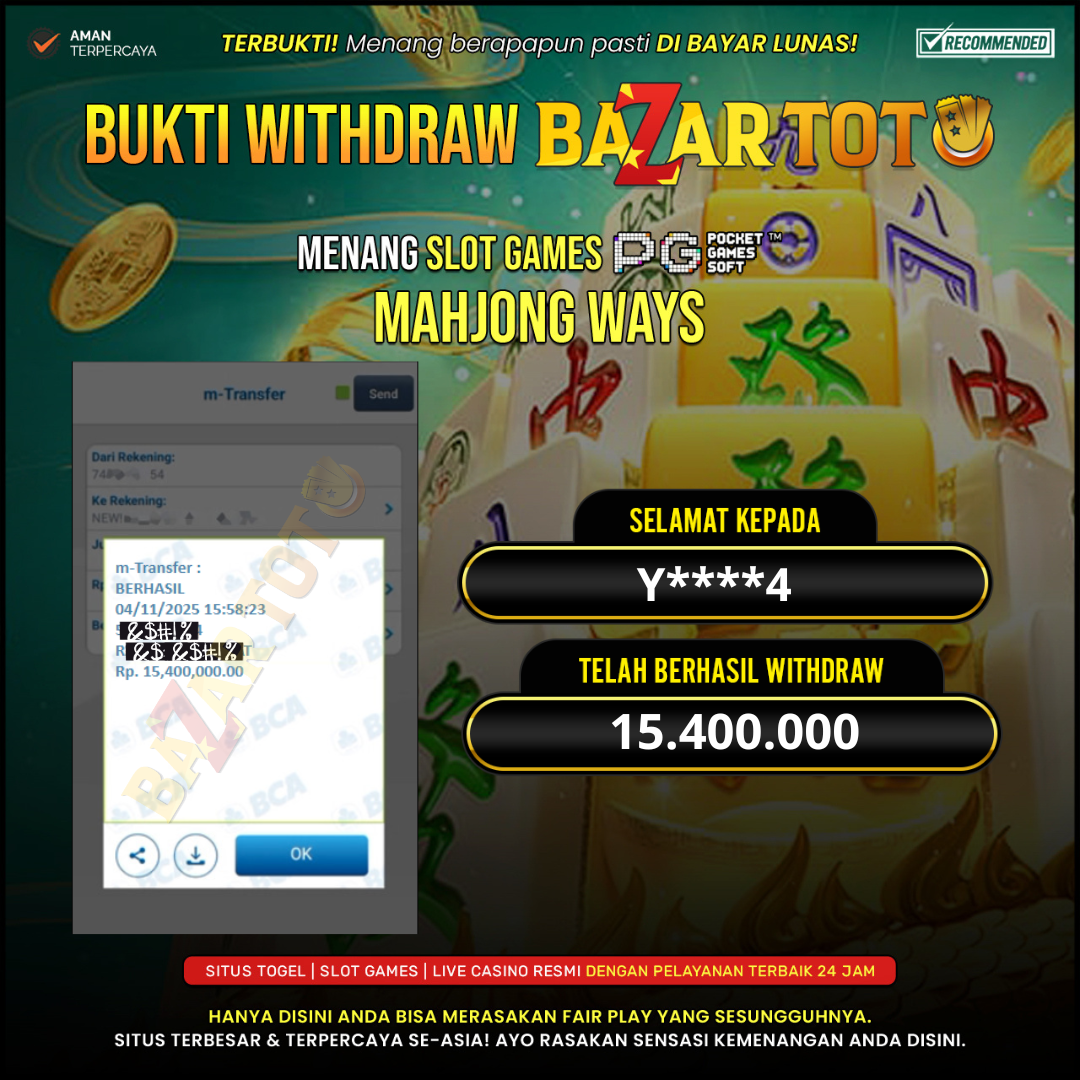 BAZARTOTO - JACKPOT SLOT MAHJONG WAYS  Rp.15.400.000.,- LUNAS