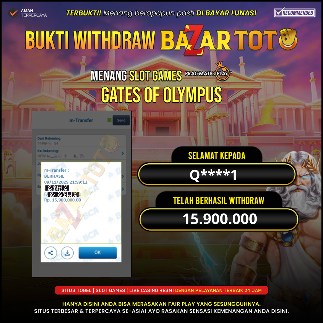 BAZARTOTO - JACKPOT SLOT GATES OF OLYMPUS Rp.15.900.000.,- LUNAS