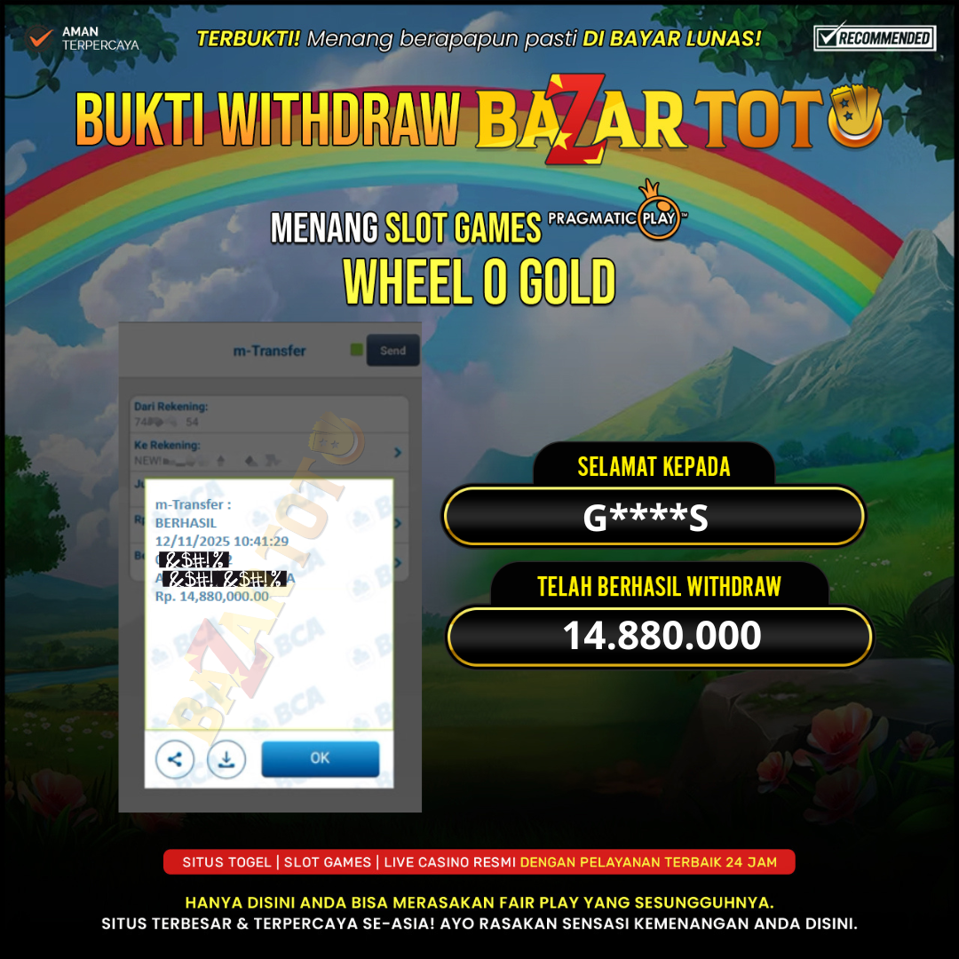 BAZARTOTO - JACKPOT SLOT WHEEL O GOLD Rp.14.880.000.,- LUNAS