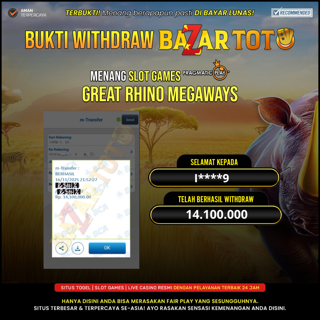 BAZARTOTO - JACKPOT SLOT GREAT RHINO MEGAWAYS Rp.14.100.000.,- LUNAS