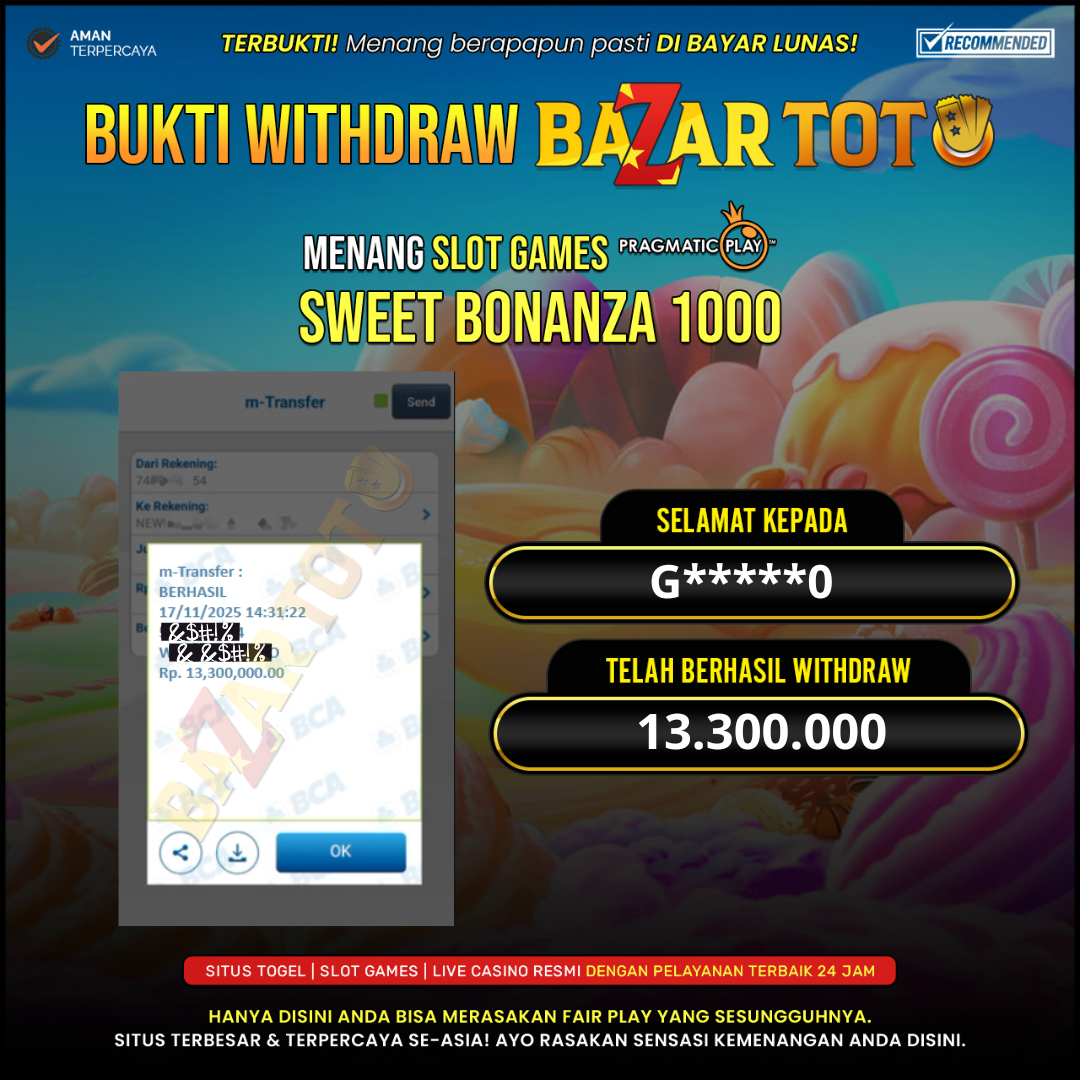 BAZARTOTO - JACKPOT SLOT SWEET BONANZA 1000 Rp.13.300.000.,- LUNAS
