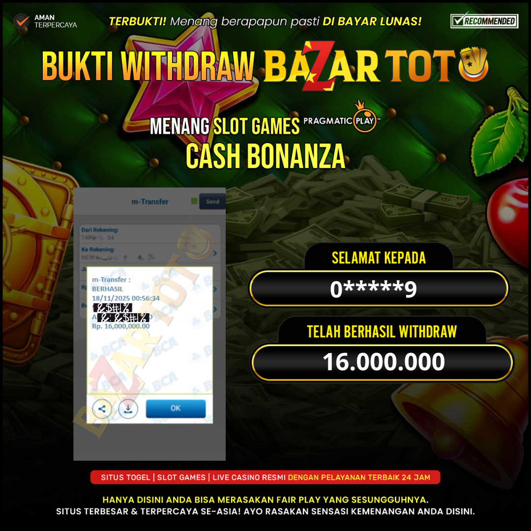 BAZARTOTO - JACKPOT SLOT CASH BONANZA Rp.16.000.000.,- LUNAS