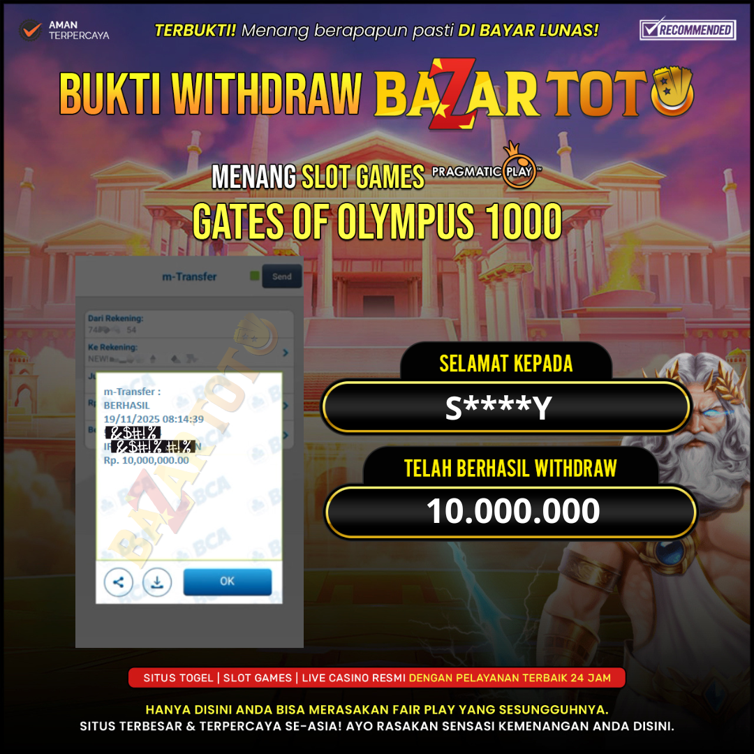 BAZARTOTO - JACKPOT SLOT GATES OF OLYMPUS 1000 Rp.10.000.000.,- LUNAS