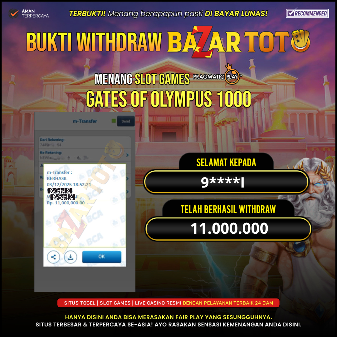 BAZARTOTO - JACKPOT SLOT GATES OF OLYMPUS 1000 Rp.11.000.000.,- LUNAS