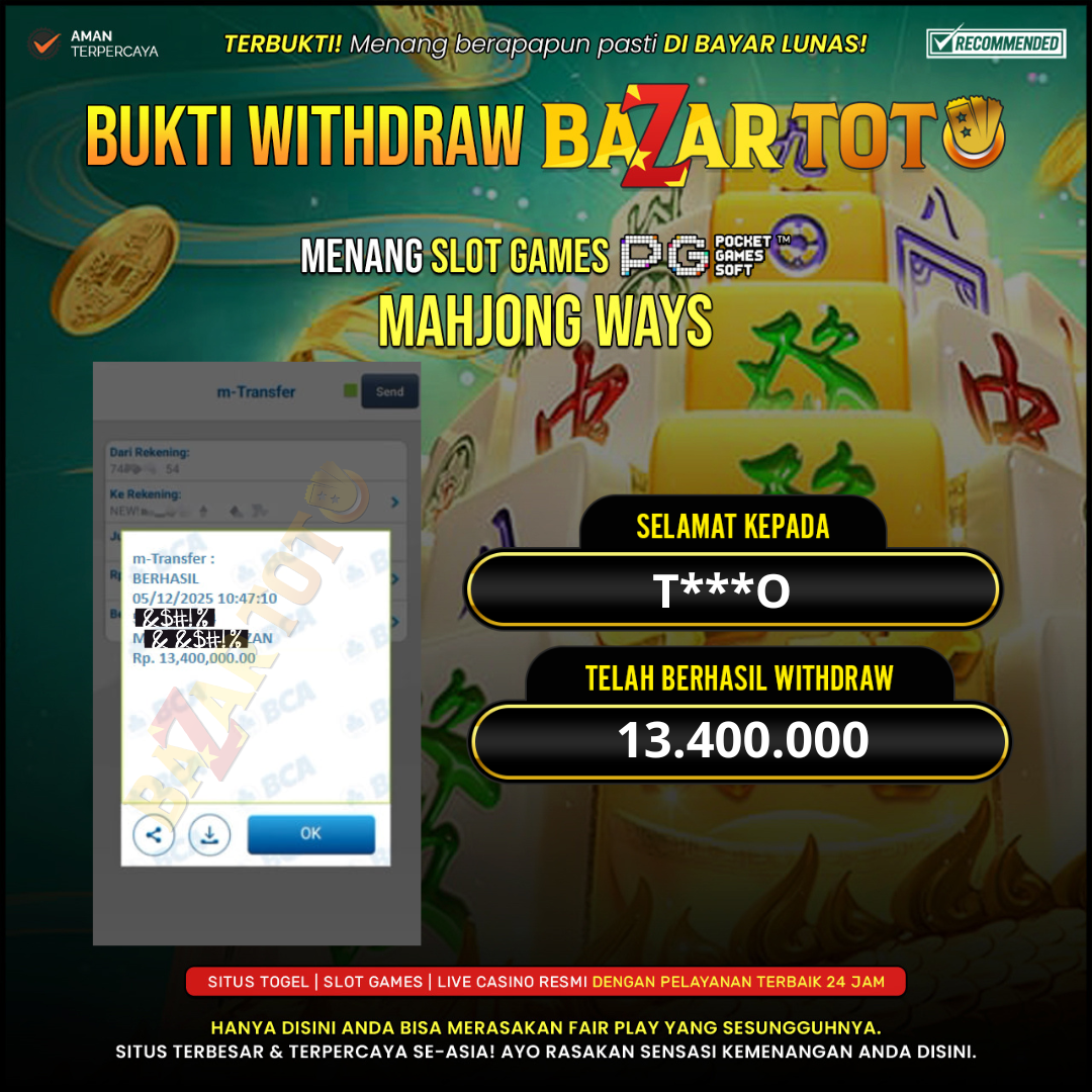 BAZARTOTO - JACKPOT SLOT MAHJONG WAYS Rp.13.400.000.,- LUNAS