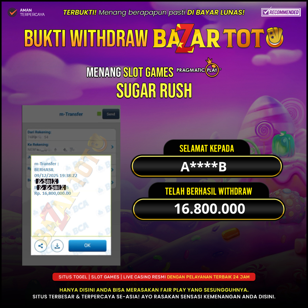 BAZARTOTO - JACKPOT SLOT SUGAR RUSH Rp.16.800.000.,- LUNAS