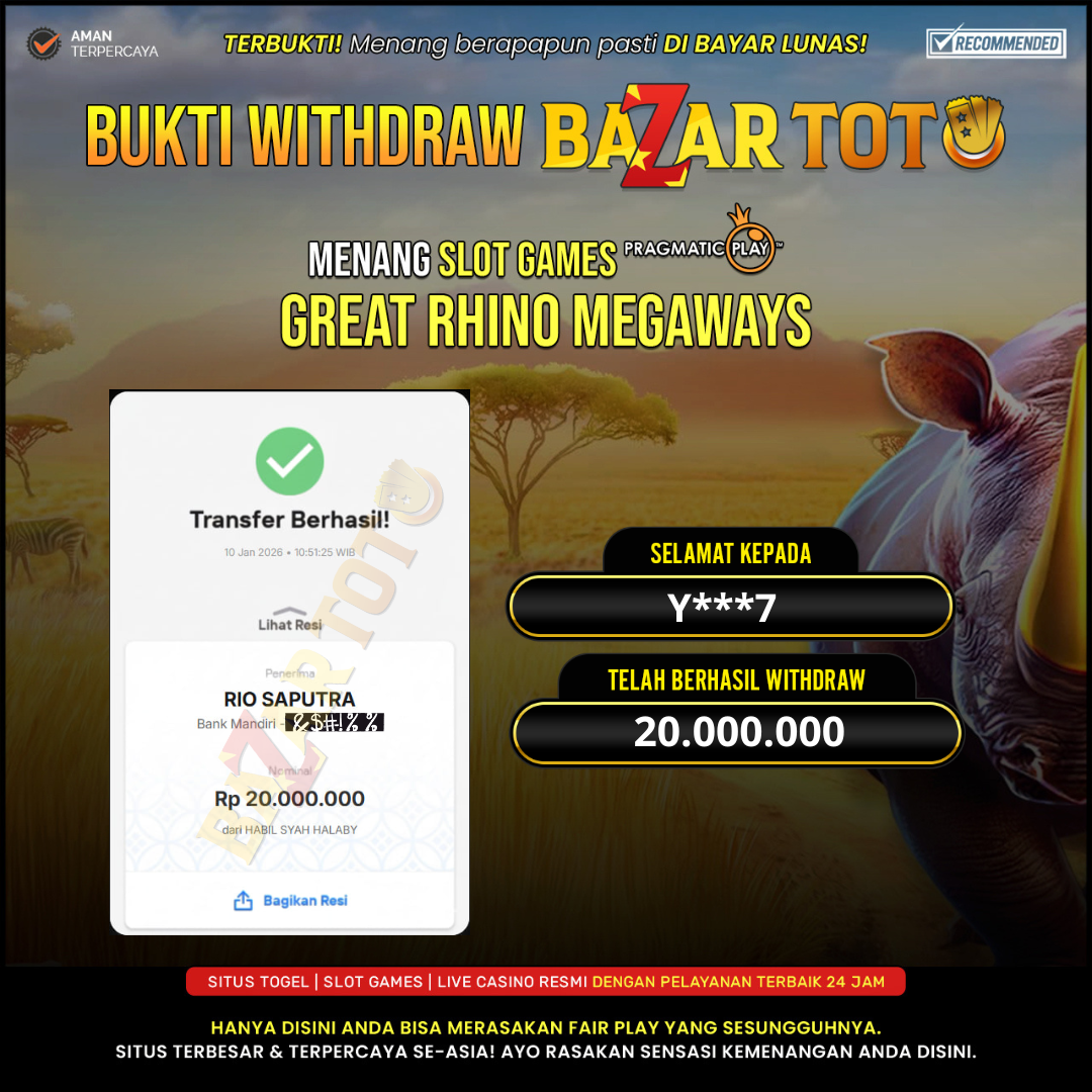 BAZARTOTO - JACKPOT SLOT GREAT RHINO MEGAWAYS Rp.20.000.000.,- LUNAS