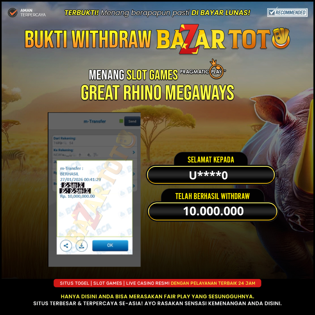 BAZARTOTO - JACKPOT SLOT GREAT RHINO MEGAWAYS Rp.10.000.000.,- LUNAS