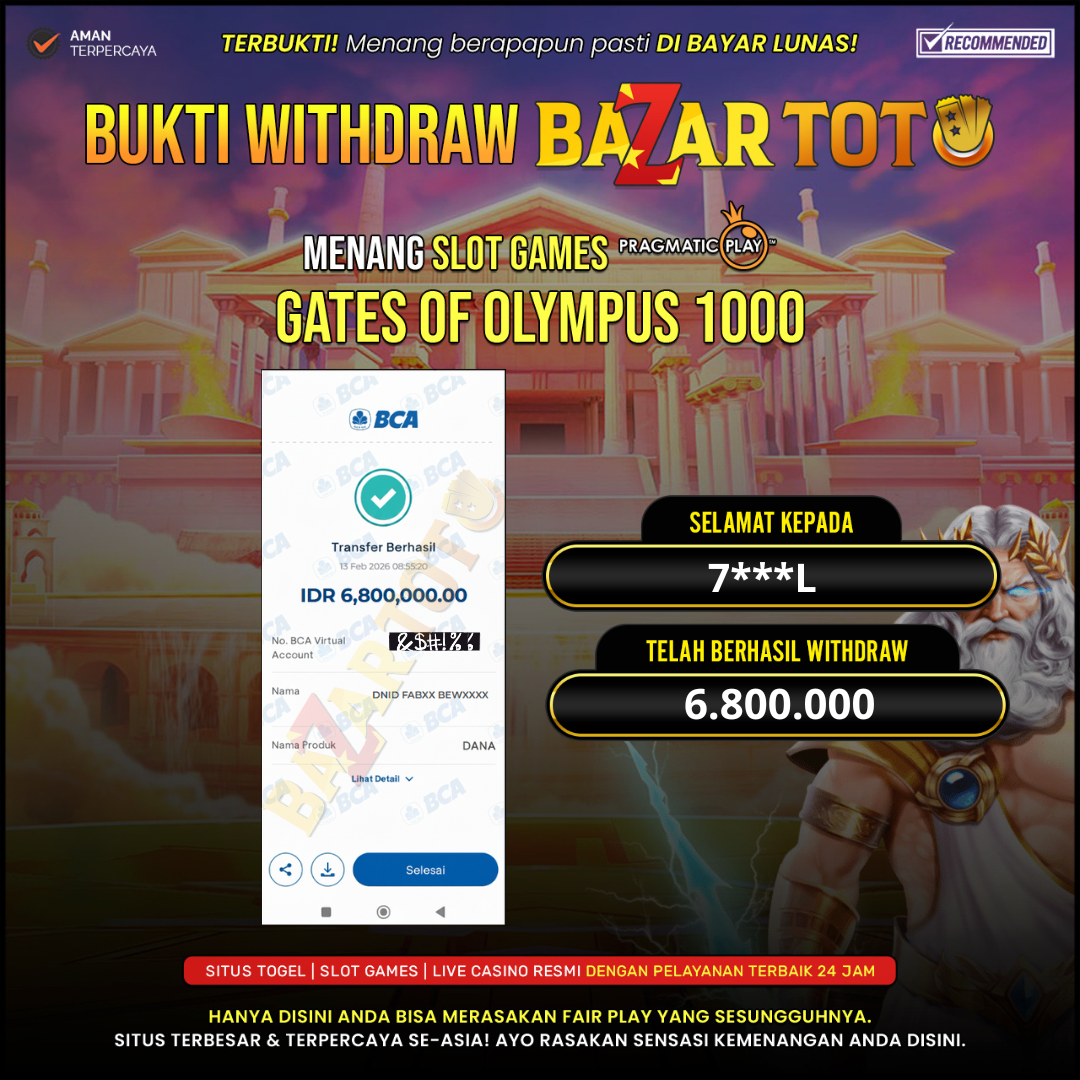 BAZARTOTO - JACKPOT SLOT GATES OF OLYMPUS 1000 Rp.6.800.000.,- LUNAS