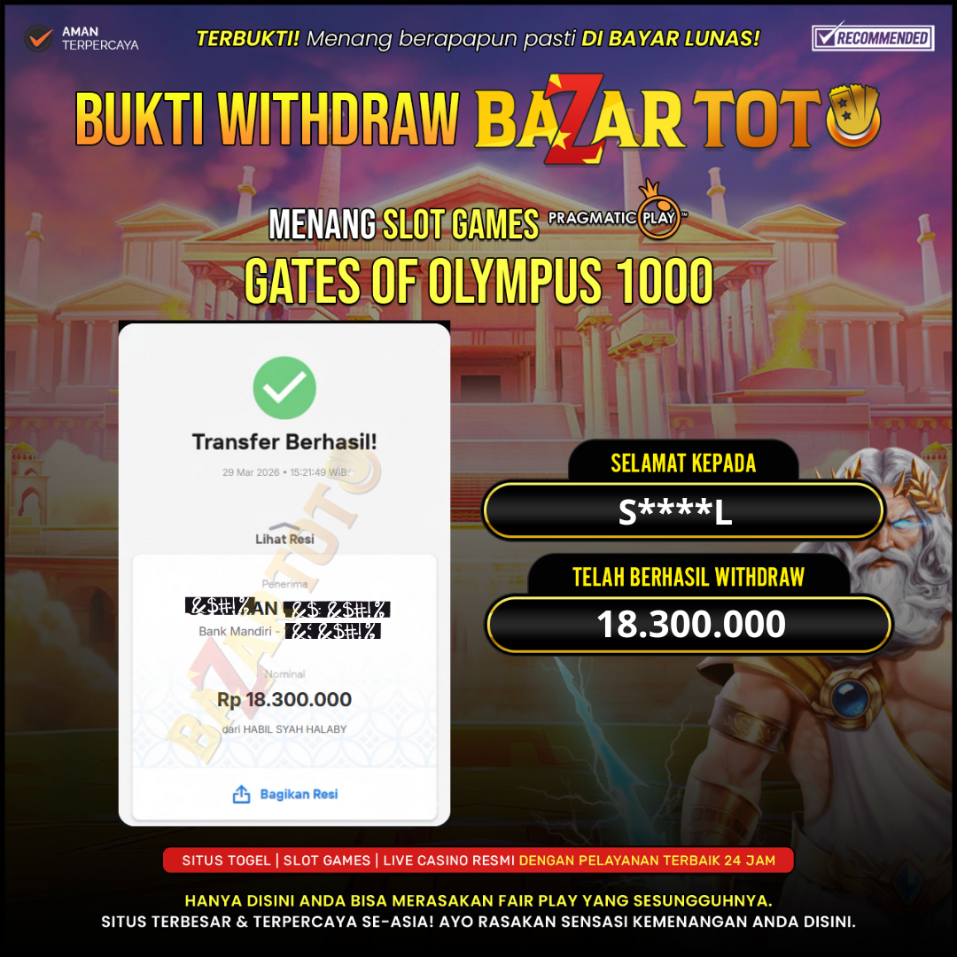 BAZARTOTO - JACKPOT SLOT GATES OF OLYMPUS 1000 Rp.18.300.000.,- LUNAS