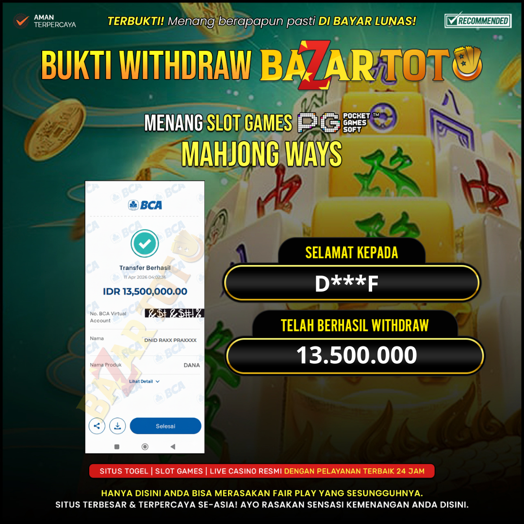 BAZARTOTO - JACKPOT SLOT MAHJONG WAYS Rp.13.500.000.,- LUNAS