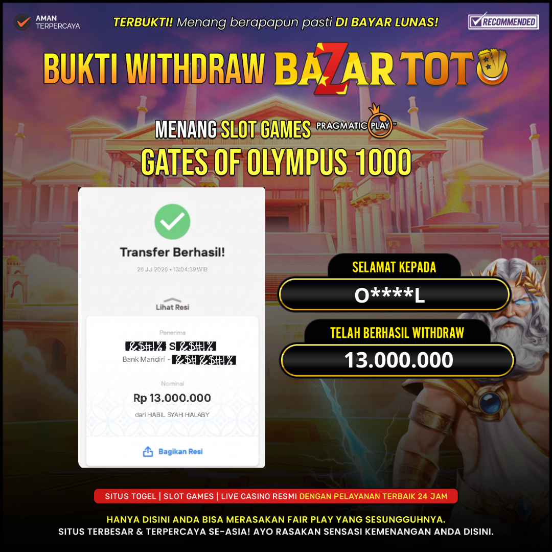BAZARTOTO - JACKPOT SLOT GATES OF OLYMPUS 1000  Rp.13.000.000.,- LUNAS