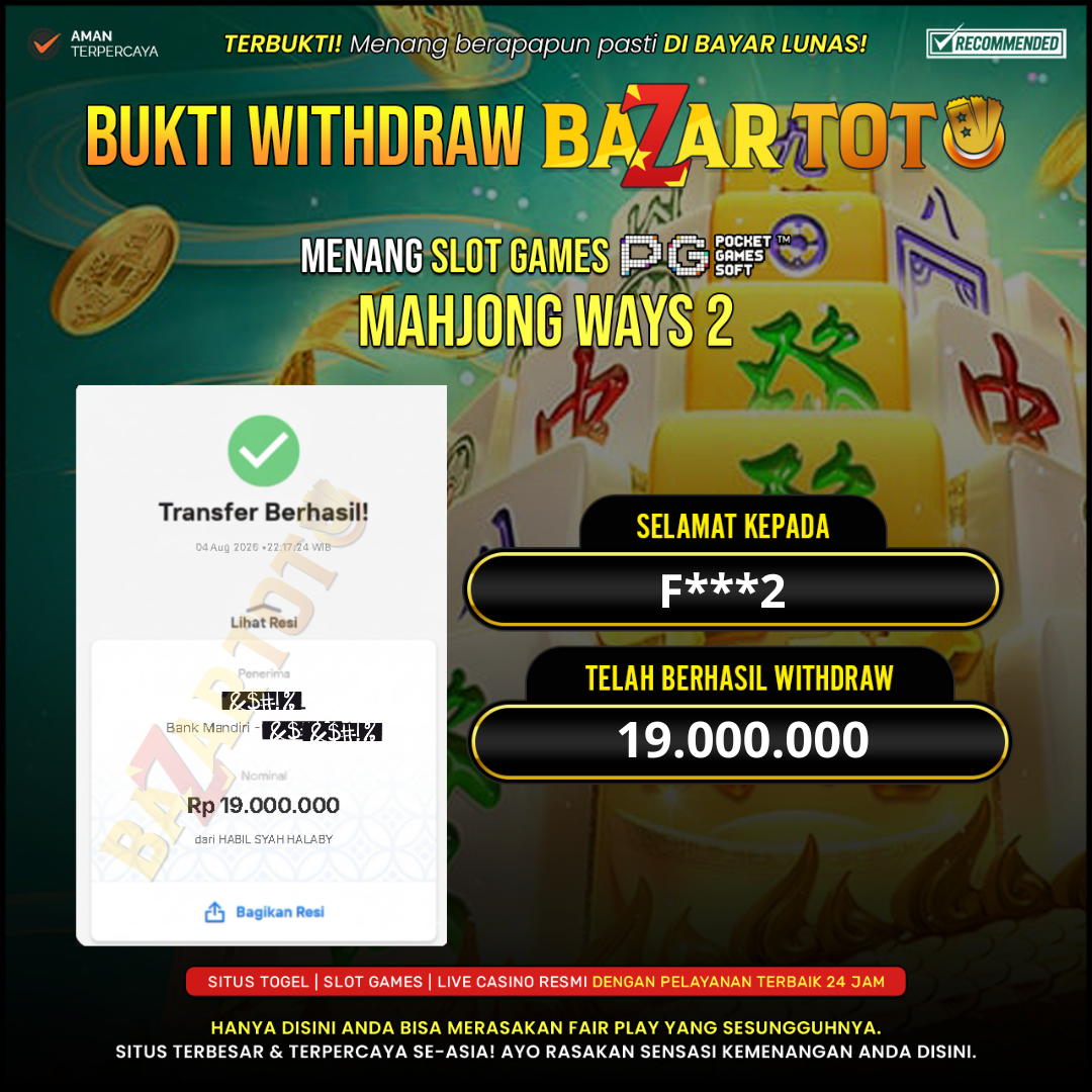 BAZARTOTO - JACKPOT SLOT MAHJONG WAYS 2  Rp.19.000.000.,- LUNAS