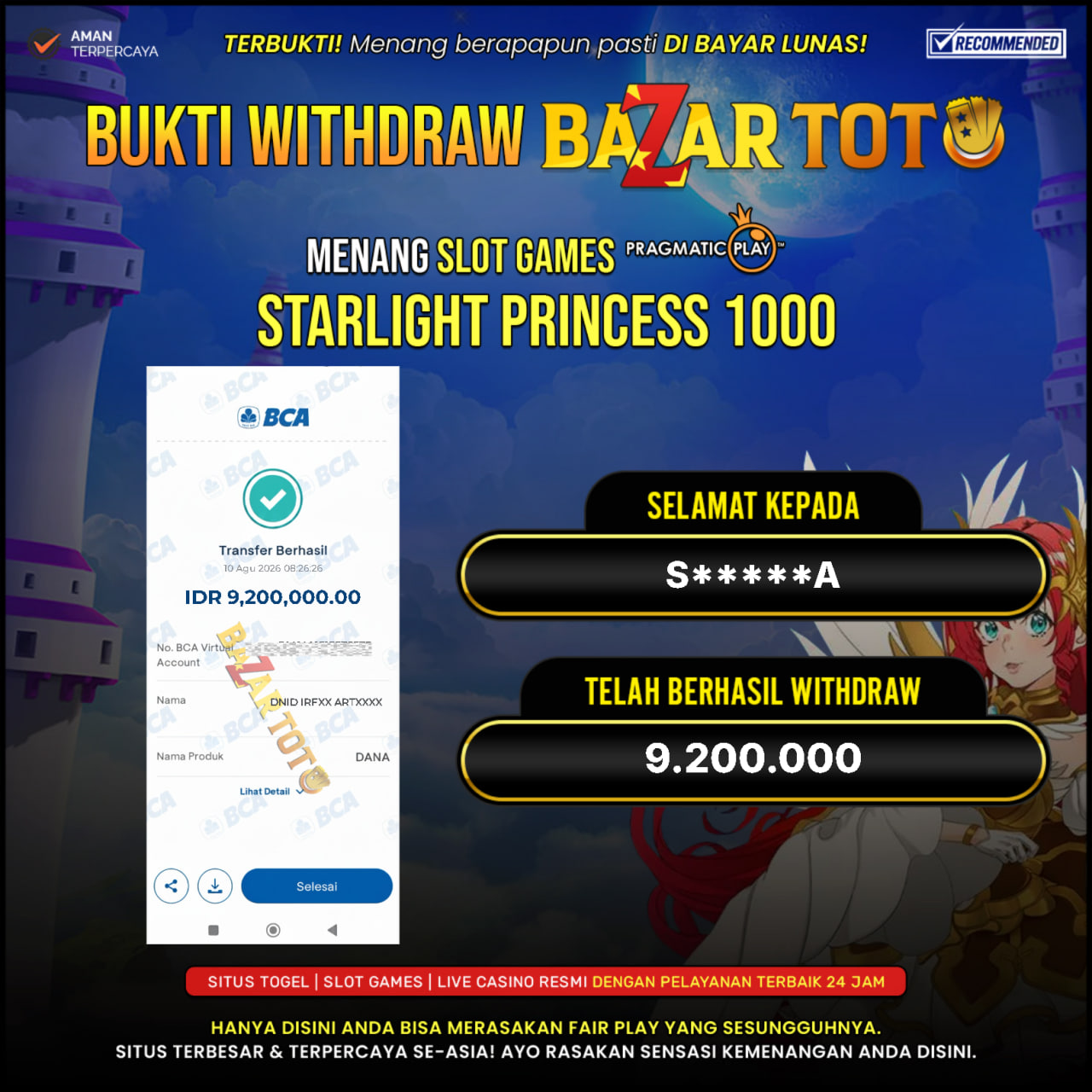 BAZARTOTO - JACKPOT SLOT STARLIGHT PRINCESS 1000  Rp.9.200.000.,- LUNAS