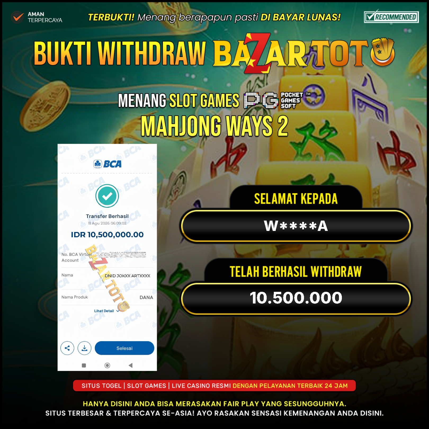 BAZARTOTO - JACKPOT SLOT MAHJONG WAYS 2   Rp.10.500.000.,- LUNAS