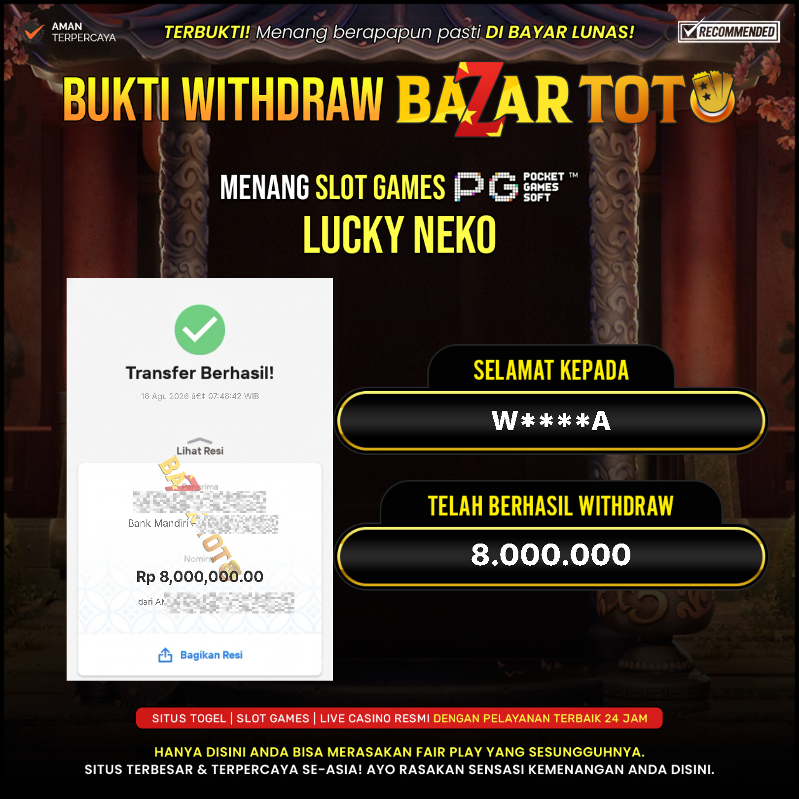 BAZARTOTO - JACKPOT SLOT LUCKY NEKO  Rp.8.000.000.,- LUNAS