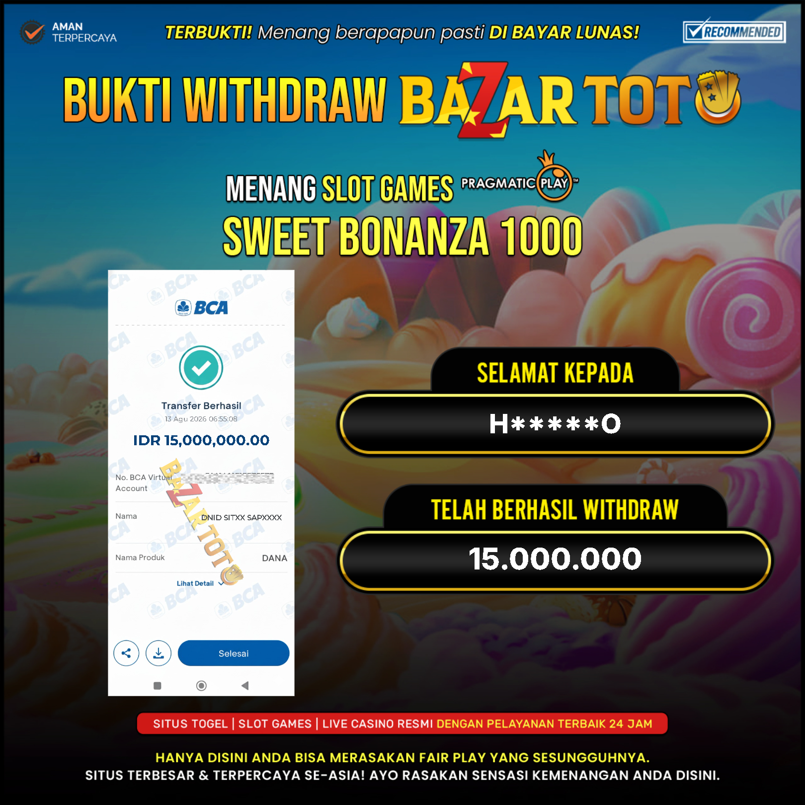 BAZARTOTO - JACKPOT SLOT SWEET BONANZA 1000  Rp.15.000.000.,- LUNAS