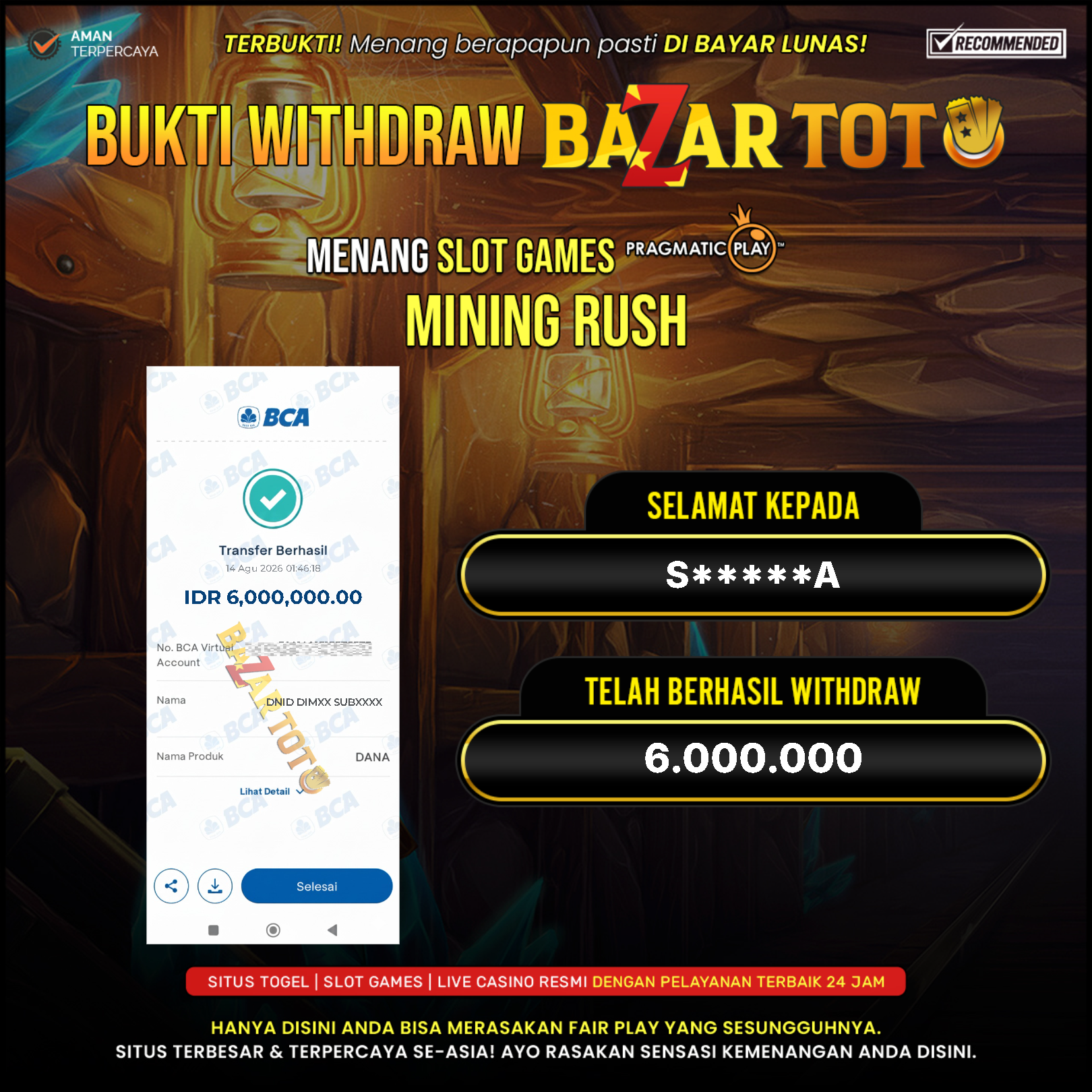 BAZARTOTO - JACKPOT SLOT MINING RUSH Rp.6.000.000.,- LUNAS