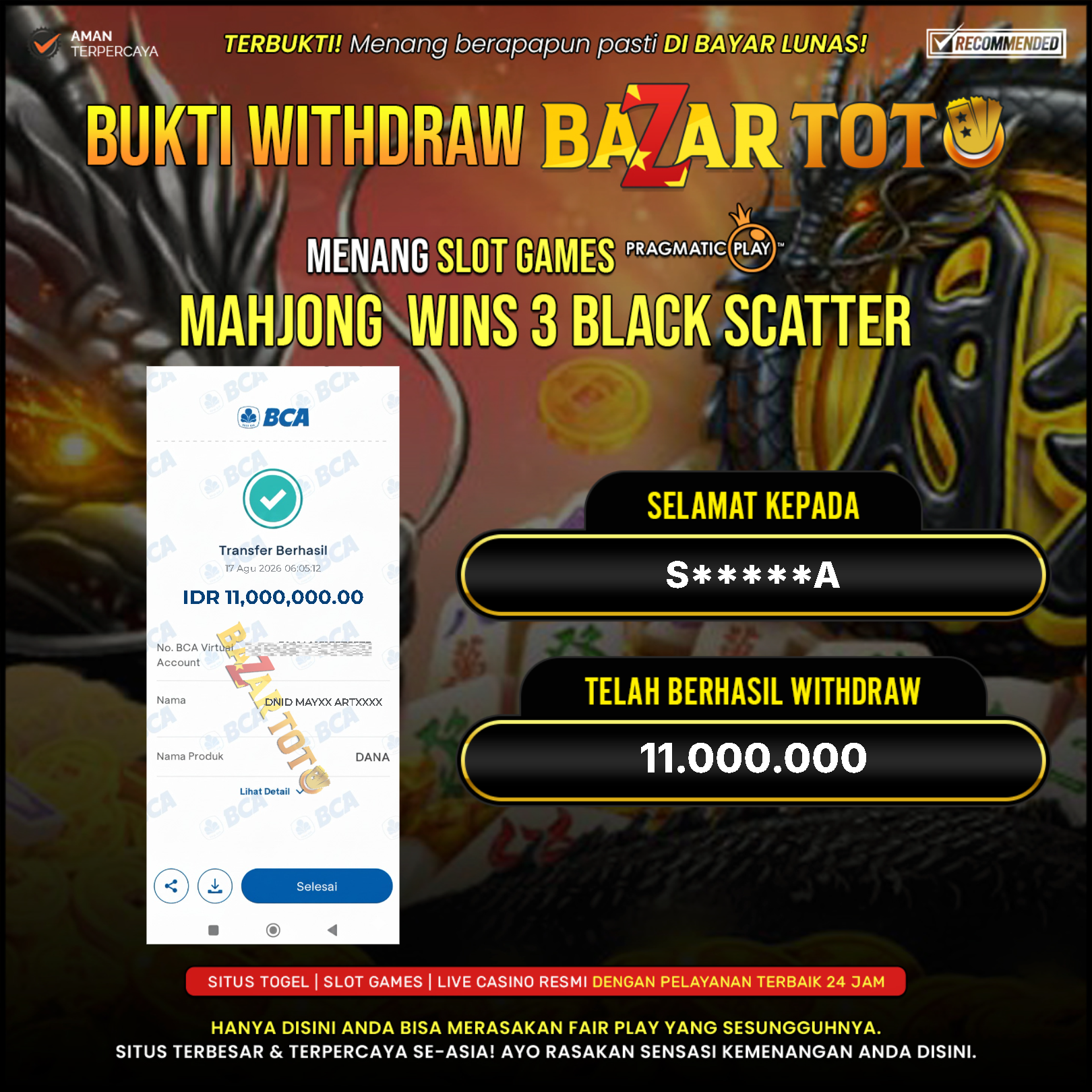 BAZARTOTO - JACKPOT SLOT MAHJONG WINS 3 BLACK SCATTER  Rp.11.000.000.,- LUNAS