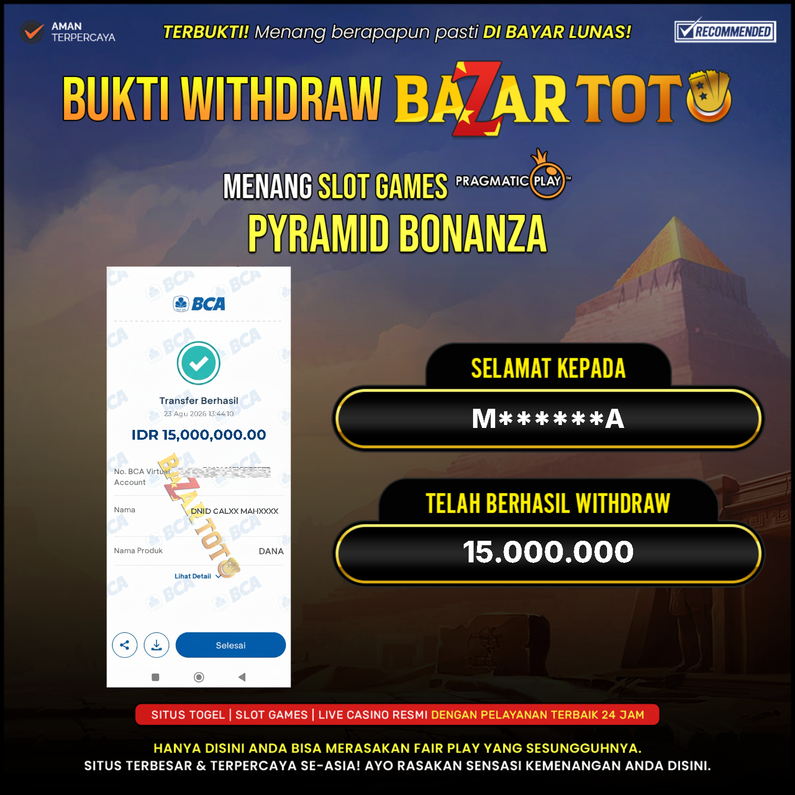 BAZARTOTO - JACKPOT SLOT PYRAMID BONANZA  Rp.15.000.000.,- LUNAS