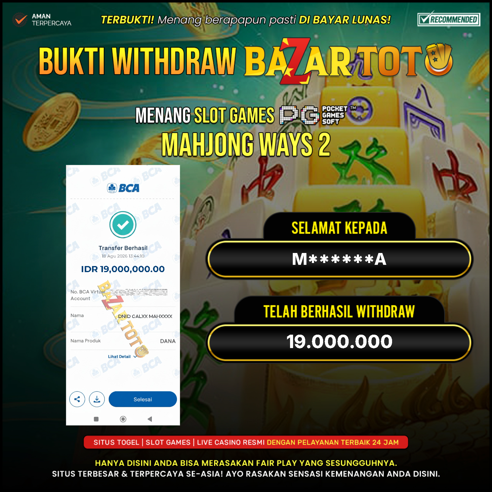 BAZARTOTO - JACKPOT SLOT MAHJONG WAYS 2 Rp.19.000.000.,- LUNAS