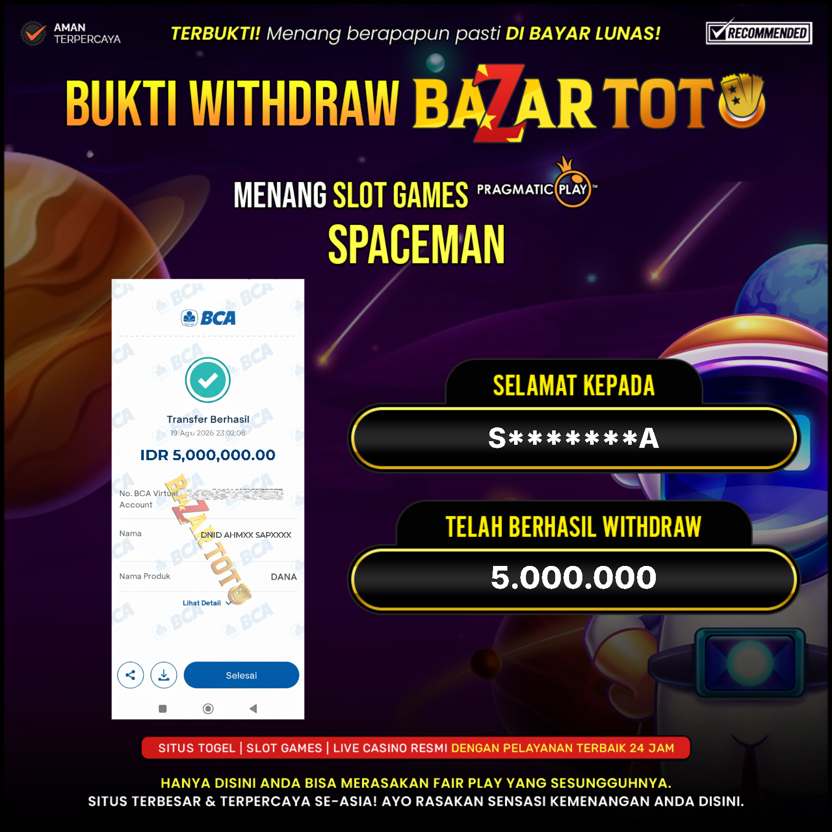 BAZARTOTO - JACKPOT SLOT SPACEMAN Rp.5.000.000.,- LUNAS