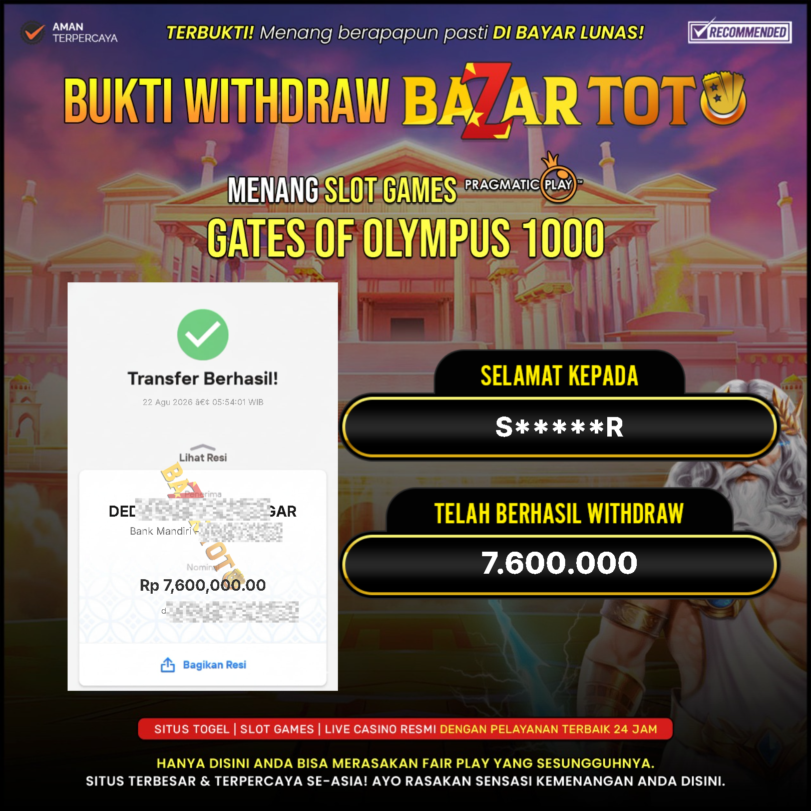 BAZARTOTO - JACKPOT SLOT GATES OF OLYMPUS 1000 Rp.7.600.000.,- LUNAS