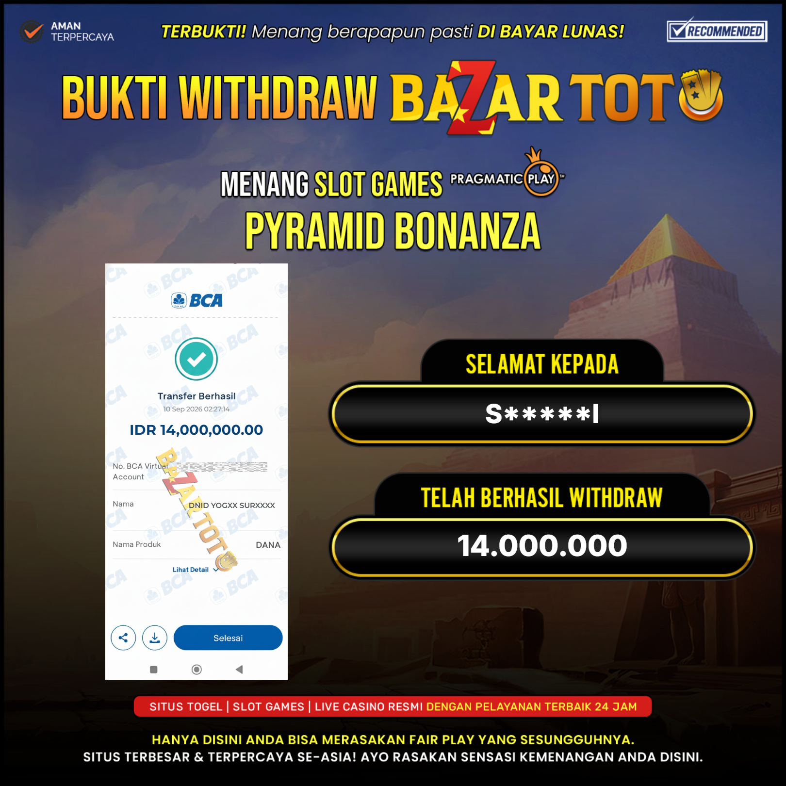 BAZARTOTO - JACKPOT SLOT PYRAMID BONANZA Rp.14.000.000.,- LUNAS