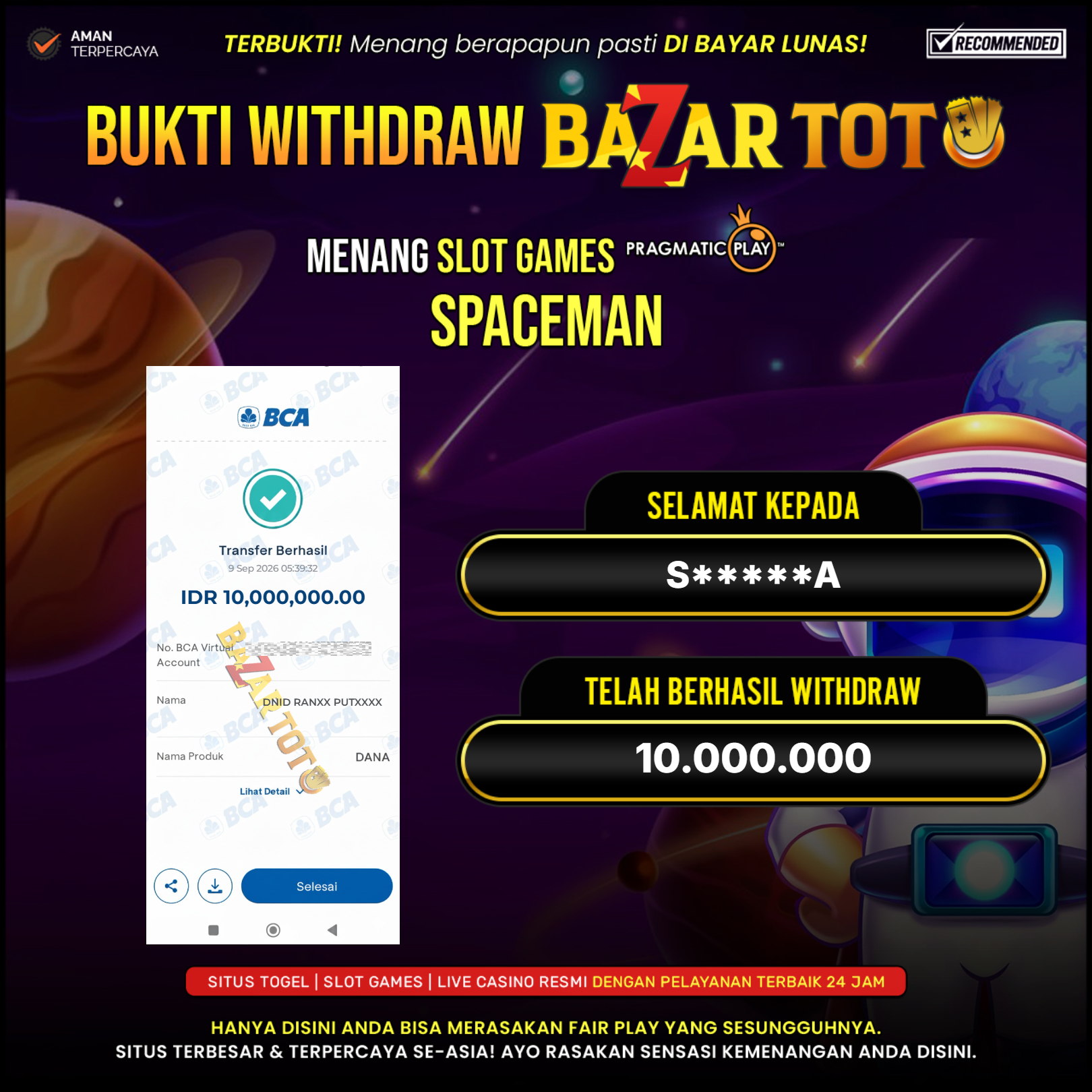 BAZARTOTO - JACKPOT SLOT SPACEMAN Rp.10.000.000.,- LUNAS